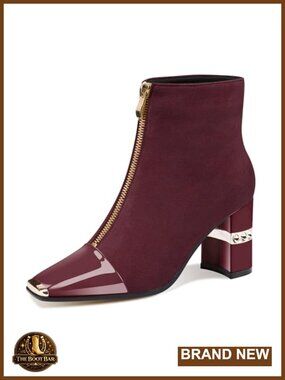 Women's Suede Ankle Boots Square Toe Block Heel 3 Inch Zip